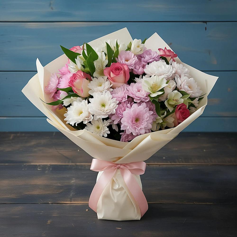 Букет цветов из: Хризантемы, Альстромерии и Розы в Петровское